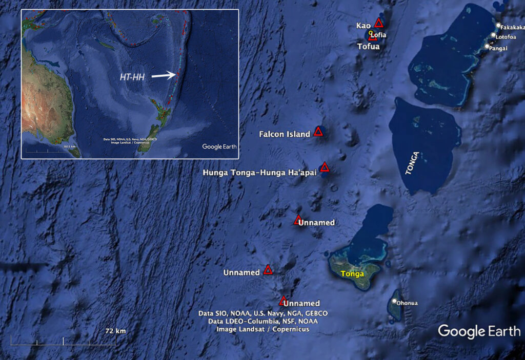 Google Earth image of Tonga showing the locations of Hunga Tonga, Hunga Ha’apai and Falcon Island. 