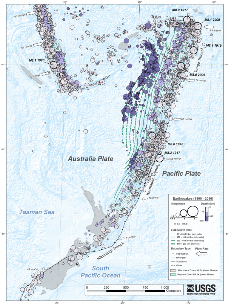 USGS mao of the Tonga (northern) -Kermadec (southern)  subduction system which extends 2,550 km (1,580 mi) between New Zealand and Tonga.