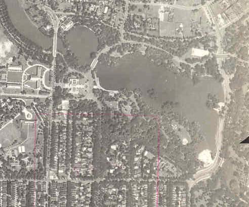 Black and white aerial photograph of Delaware Lake and North Bay taken in 1938.