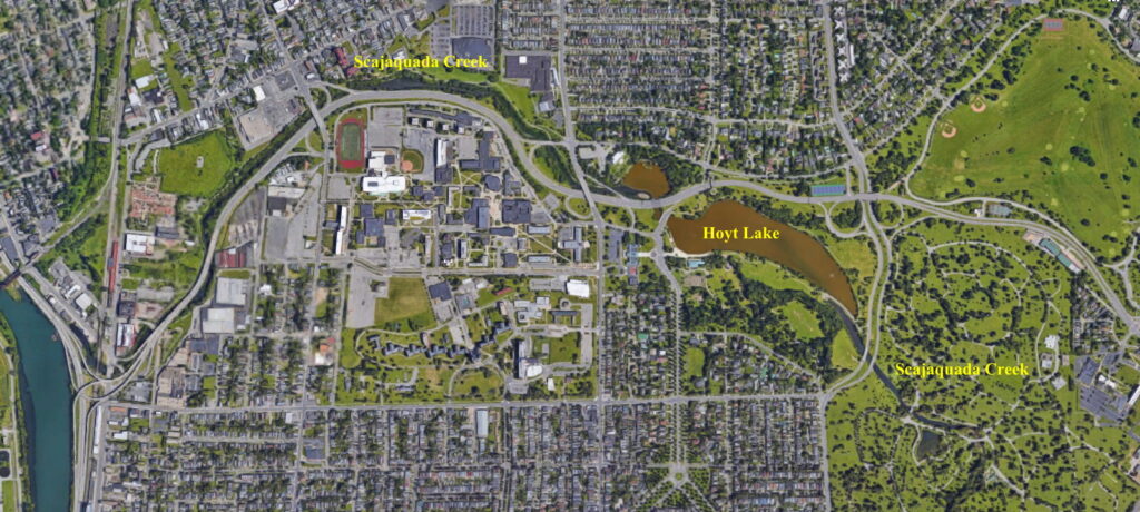 Old satellite image of area with Hoyt Lake and Scajaquada Creek labelled for identification.