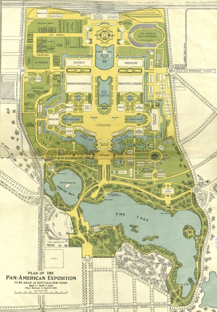 Colored map of the Pan-American Exposition of 1901 showing North Bay and The Lake in the southern section of the map.
